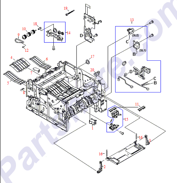 HP parts picture diagram for RC1-0912-000CN, RC1-0913-000CN, RC1-0914-000CN, RC1-0915-000CN, RC1-0916-000CN, RC1-0918-000CN, RC1-0920-000CN, RC1-0933-000CN, RM1-0345-000CN-C, RM1-0324-020CN, RM1-0337-000CN, RM1-0345-000CN, RM1-0345-000CN-R, RC1-0920-000CN-R, RB2-6266-000CN, RC1-0920-000CN-C, RU5-0155-000CN, RU5-0156-000CN, RU5-0158-000CN